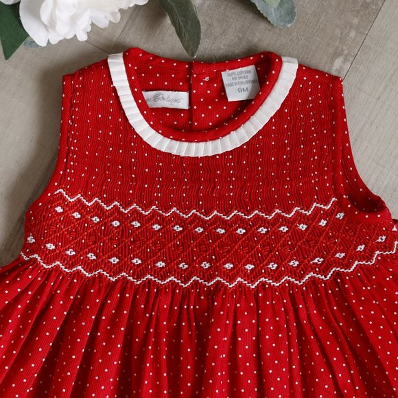 Red and White Smocked Dress with Bloomer Size 9 Month Boutique ADORABLE! NWOT - Picture 2 of 7